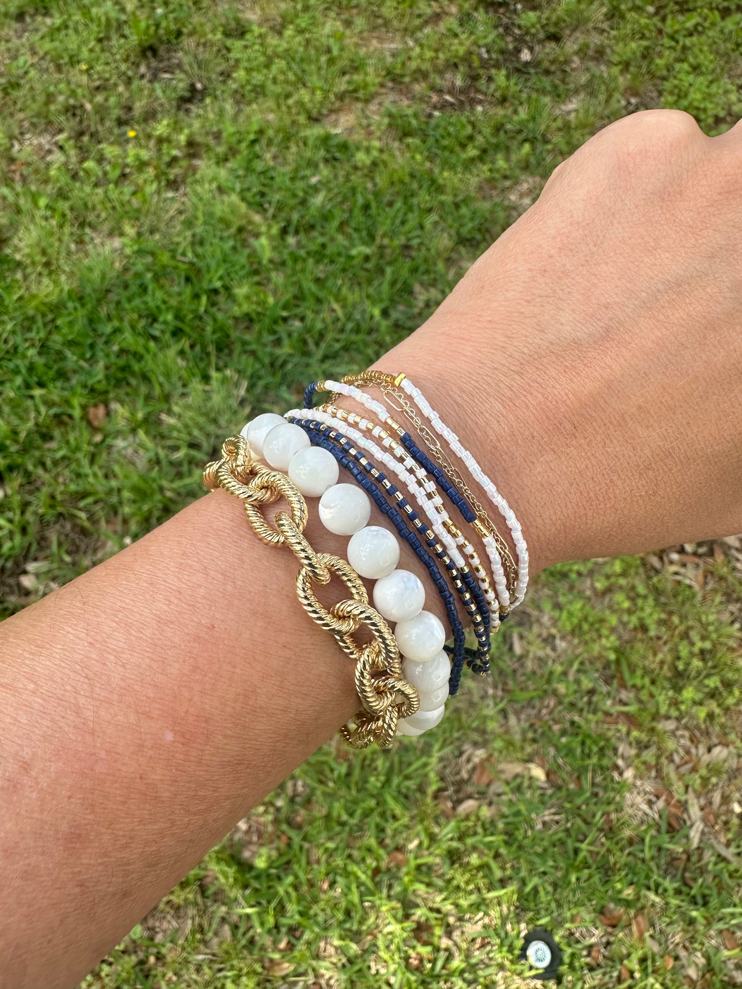 Sweet Delica Bead Bracelet set - Navy/White/Gold