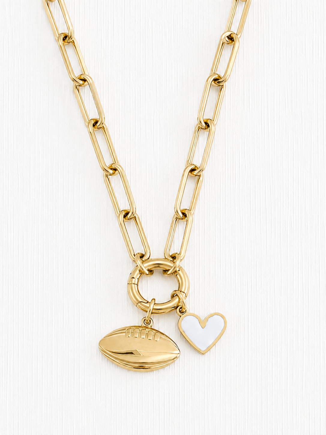 Charm set only: Football and White heart on connector ring