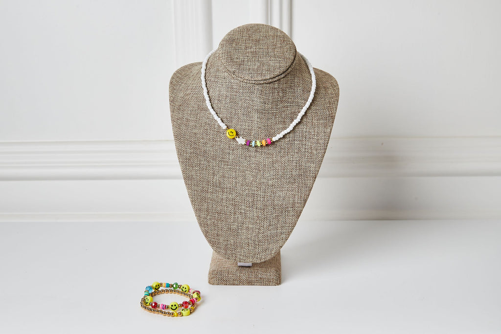 White Beaded & Happy Face Necklace