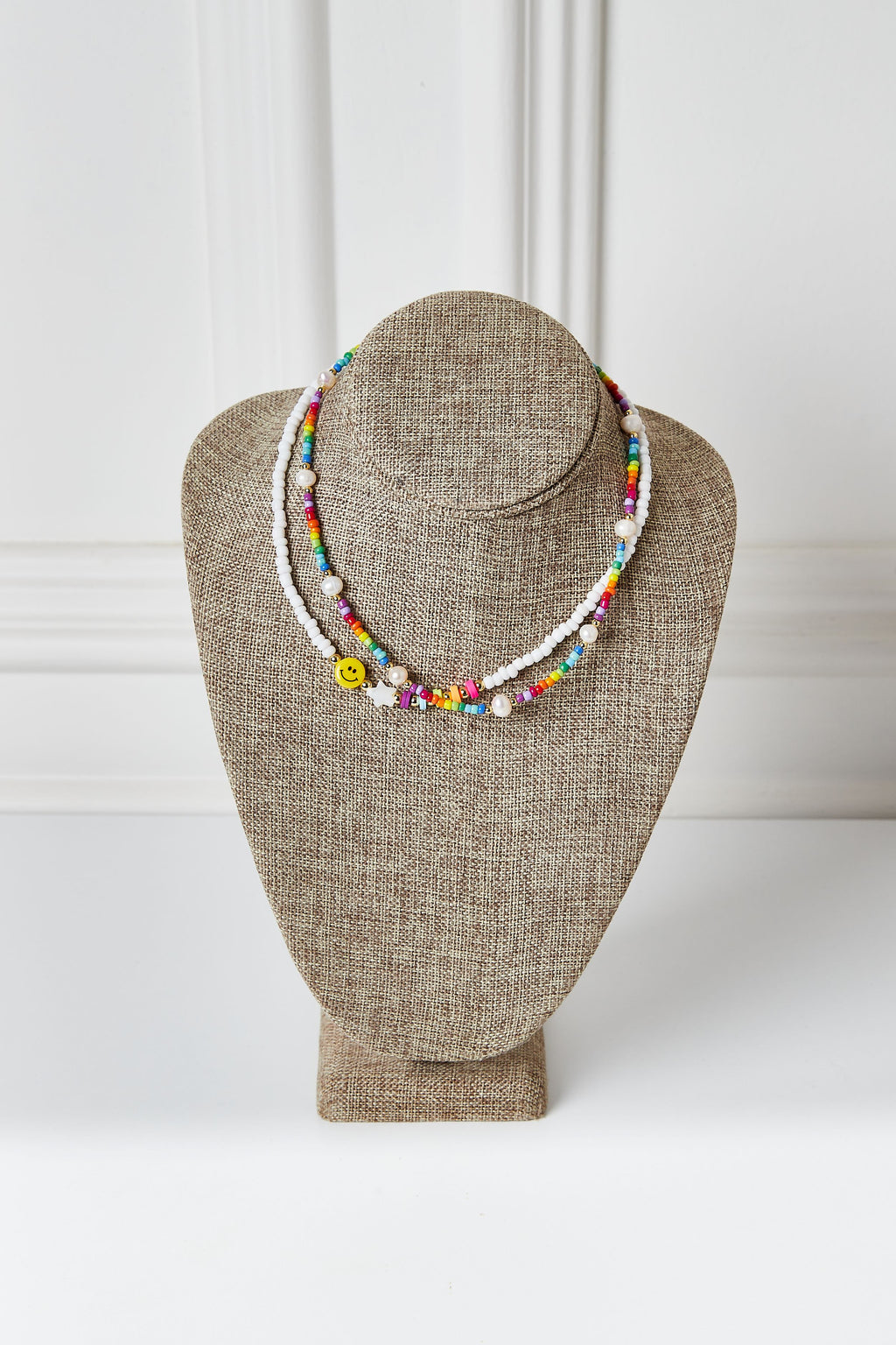 White Beaded & Happy Face Necklace