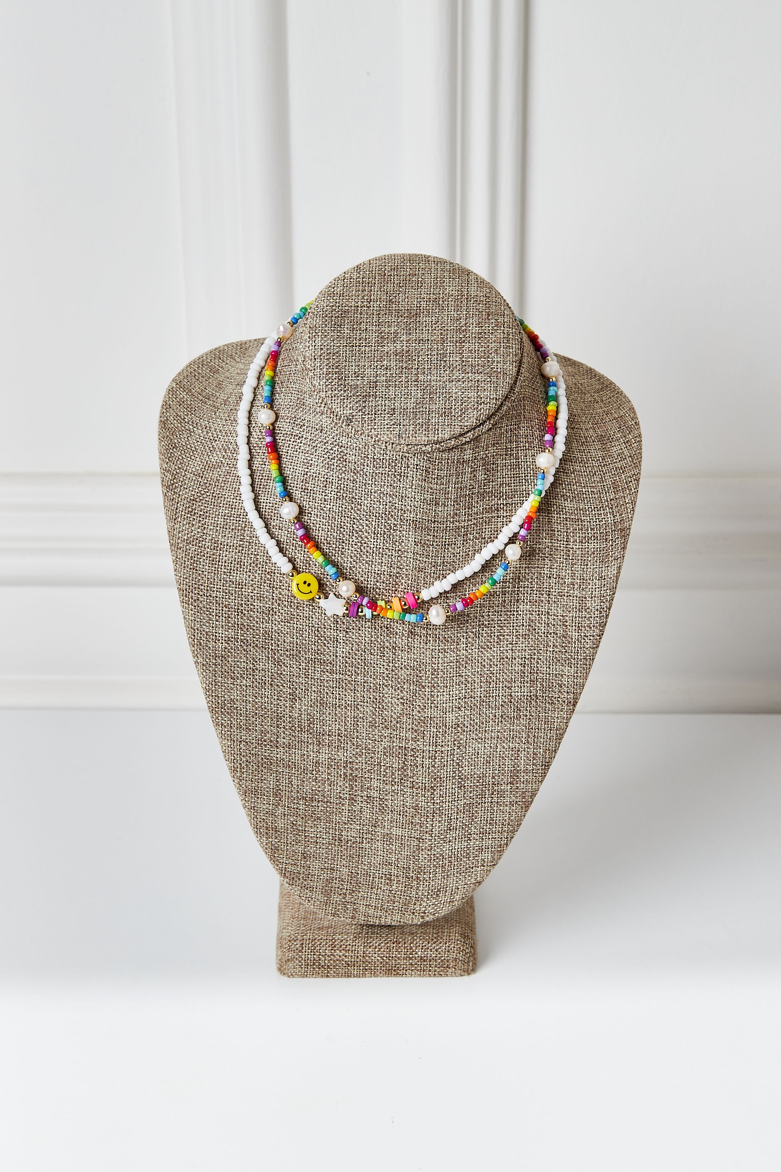 White Beaded & Happy Face Necklace