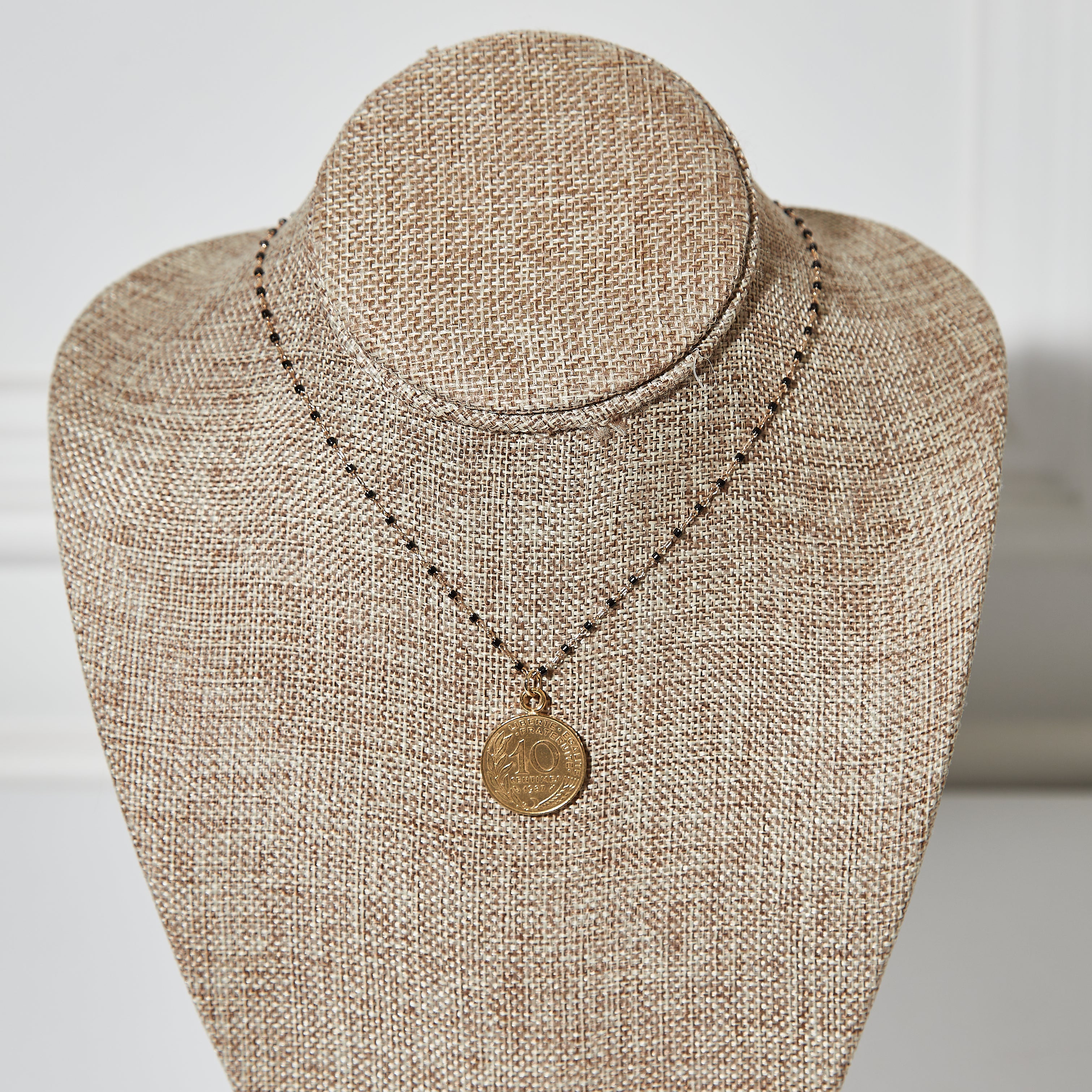 French Coin Gold Necklace with Black beads
