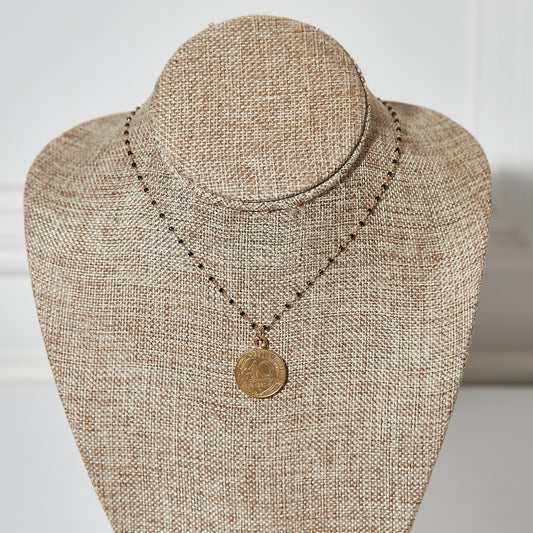 French Coin Gold Necklace with Black beads