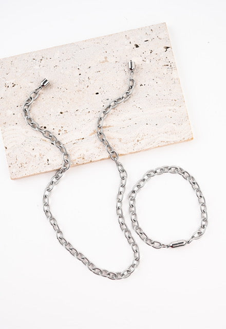 Magnetic-link Silver Chain necklace & Bracelet set