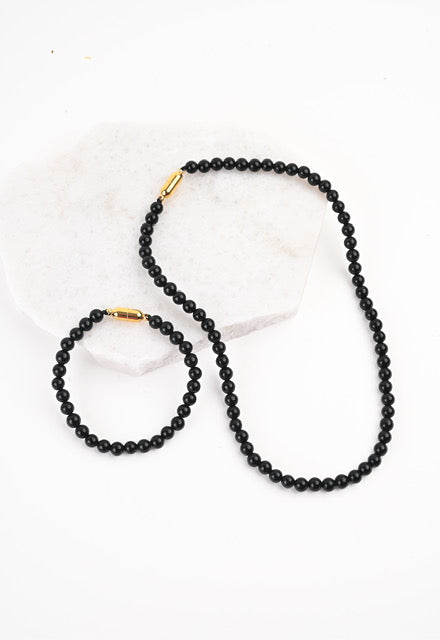 Magnetic-link Black Agate bead Necklace & Bracelet set