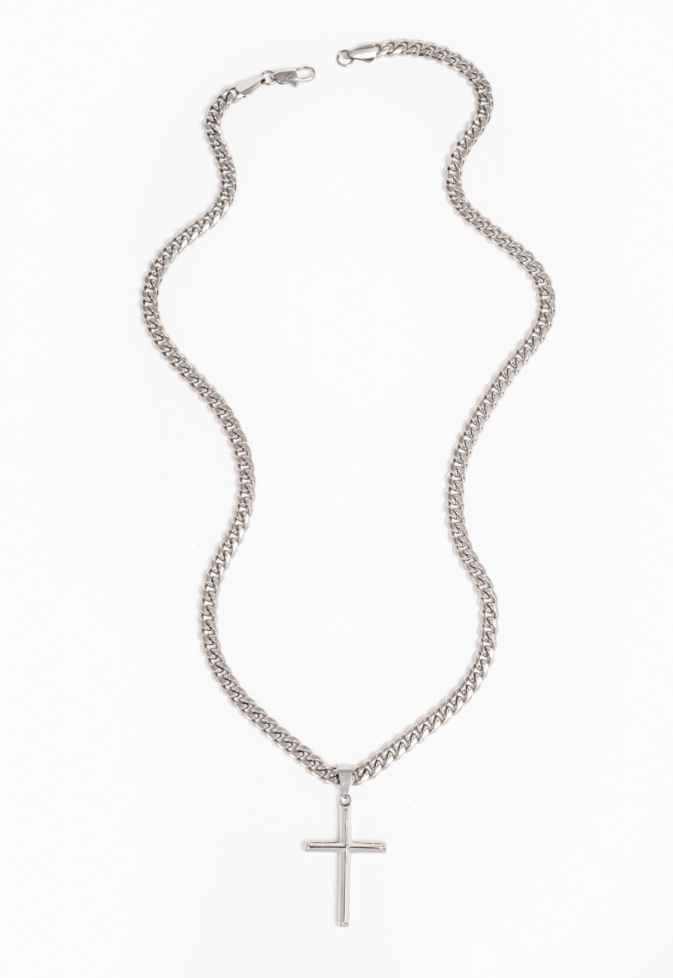 Sports Silver Cross Pendant on Cuban Curb Chain