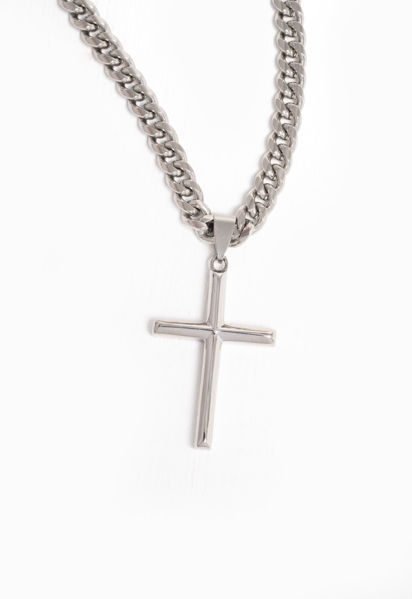 Sports Silver Cross Pendant on Cuban Curb Chain