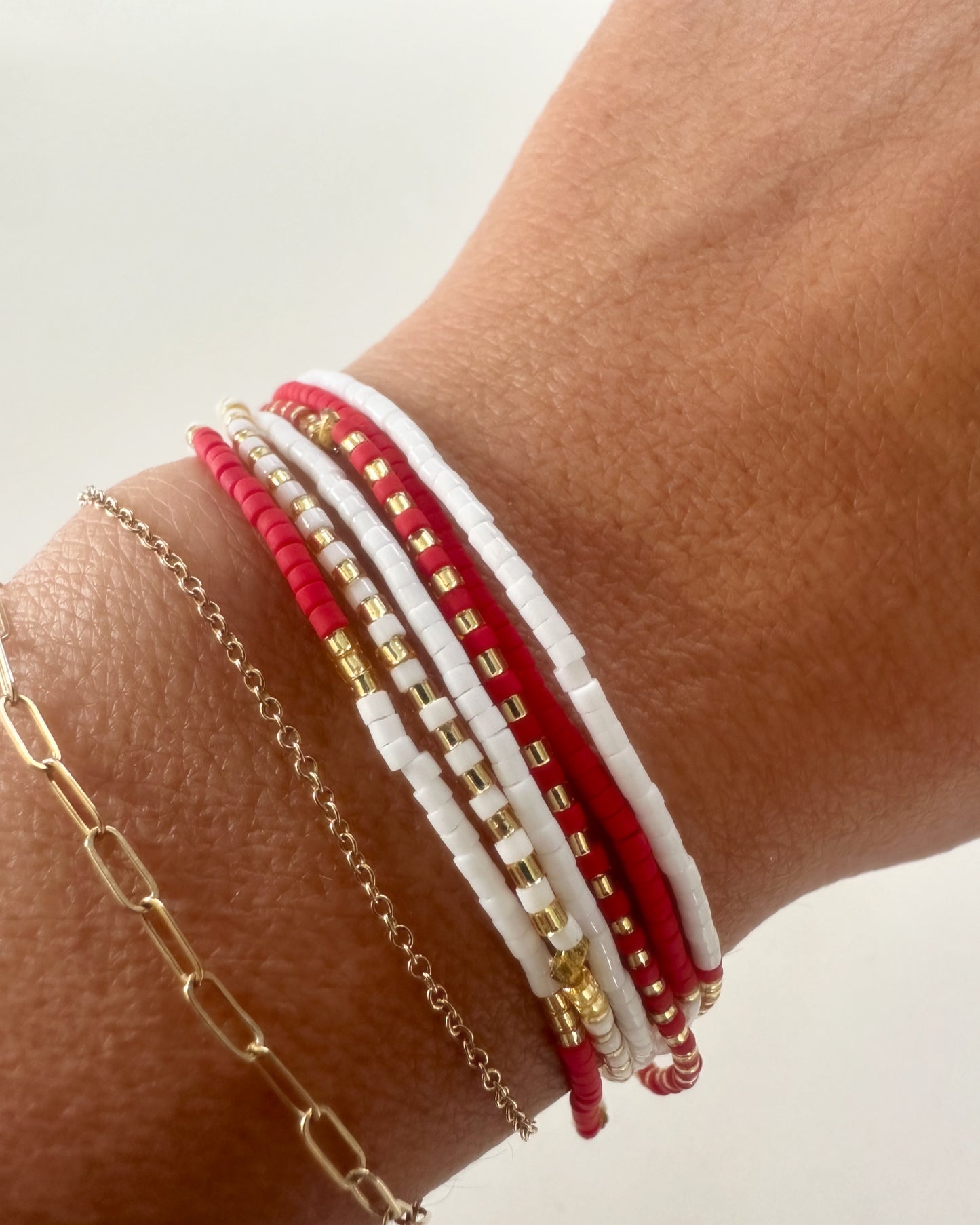 Delica Bead bracelet set of 6  - Red/White/Gold